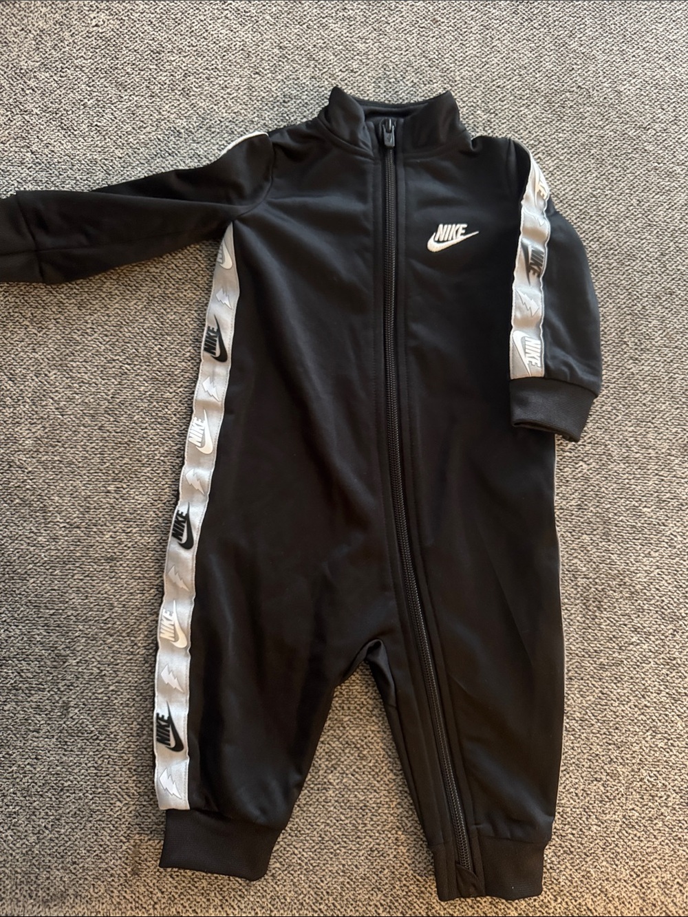 Nike Black Baby Size 6 Months One-Piece Zip Jumpsuit with White Logo Tape